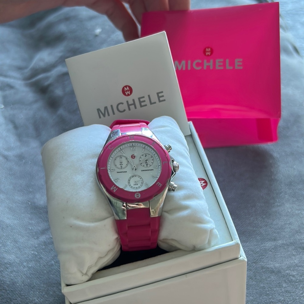 MICHELE WATCH HOT PINK! Box and Papers